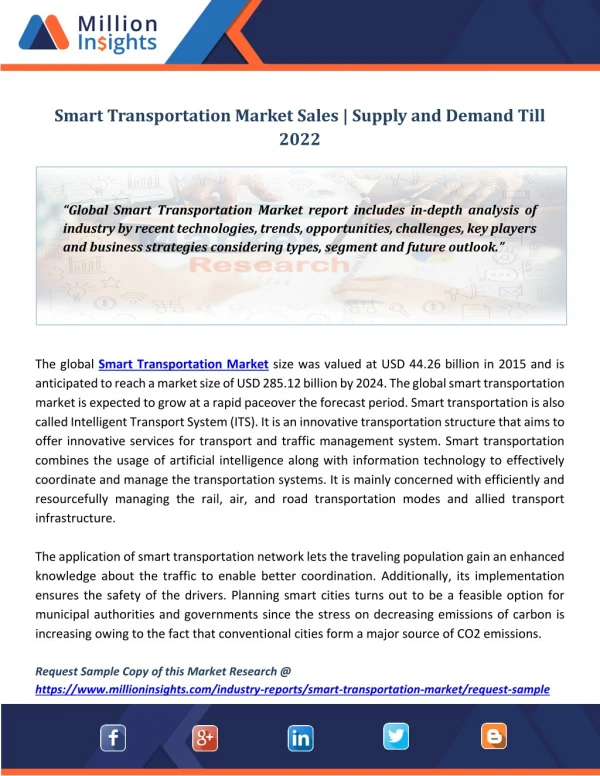 Smart Transportation Market Sales | Supply and Demand Till 2022