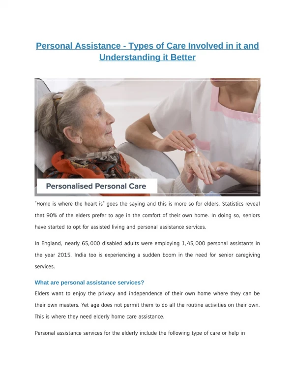 Personal Assistance - Types of Care Involved in it and Understanding it Better