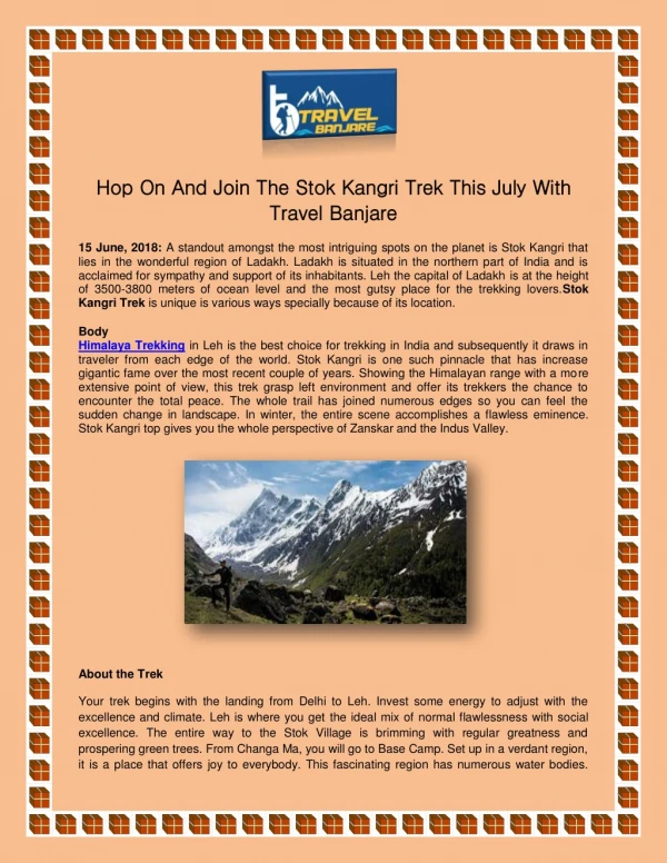 Hop On And Join The Stok Kangri Trek This July With Travel Banjare