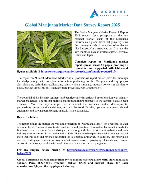 Global Marijuana Industry 2018 Market Growth, Trends and Demands Research Report