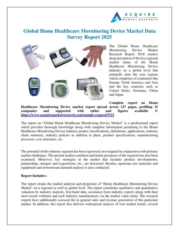 Global Home Healthcare Mornitoring Device Industry 2018 Market Growth, Trends and Demands Research Report