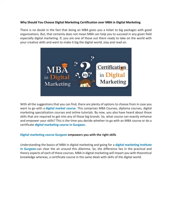 Why Should You Choose Digital Marketing Certification over MBA in Digital Marketing