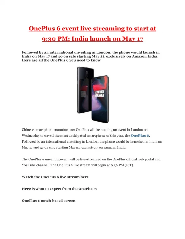 OnePlus 6 event live streaming to start at 9:30 PM; India launch on May 17