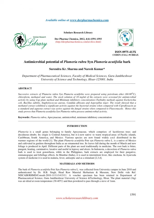 Antimicrobial potential of Plumeria rubra Syn Plumeria acutifolia bark