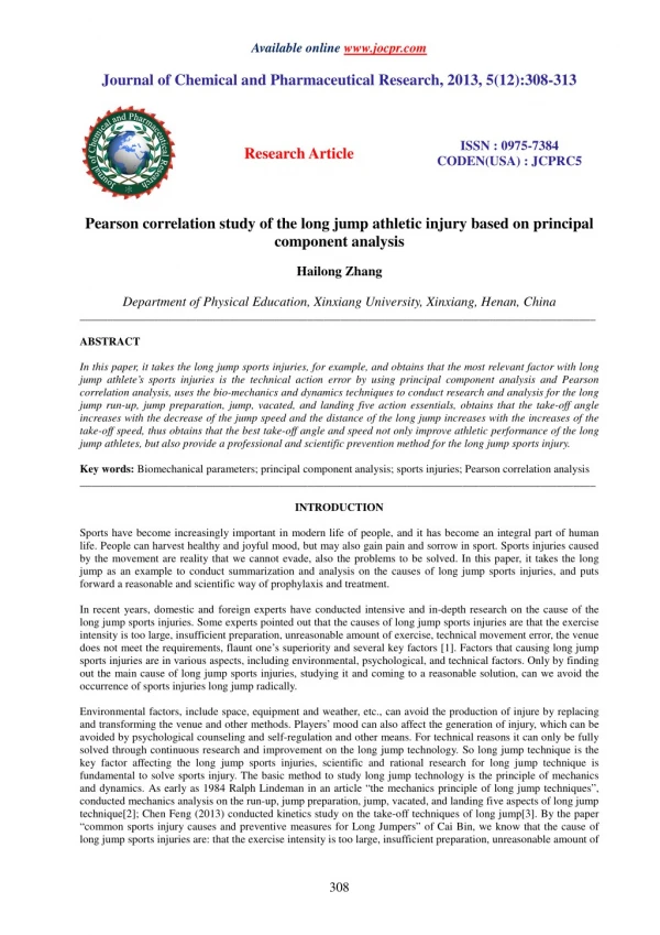 Pearson correlation study of the long jump athletic injury based on principal component analysis