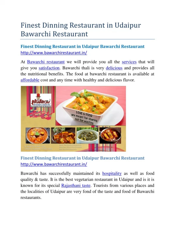 Finest Dinning Restaurant in Udaipur Bawarchi Restaurant