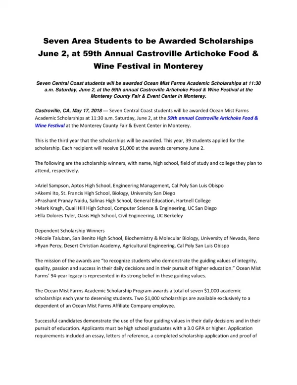 Seven Area Students to be Awarded Scholarships June 2, at 59th Annual Castroville Artichoke Food & Wine Festival in Mont