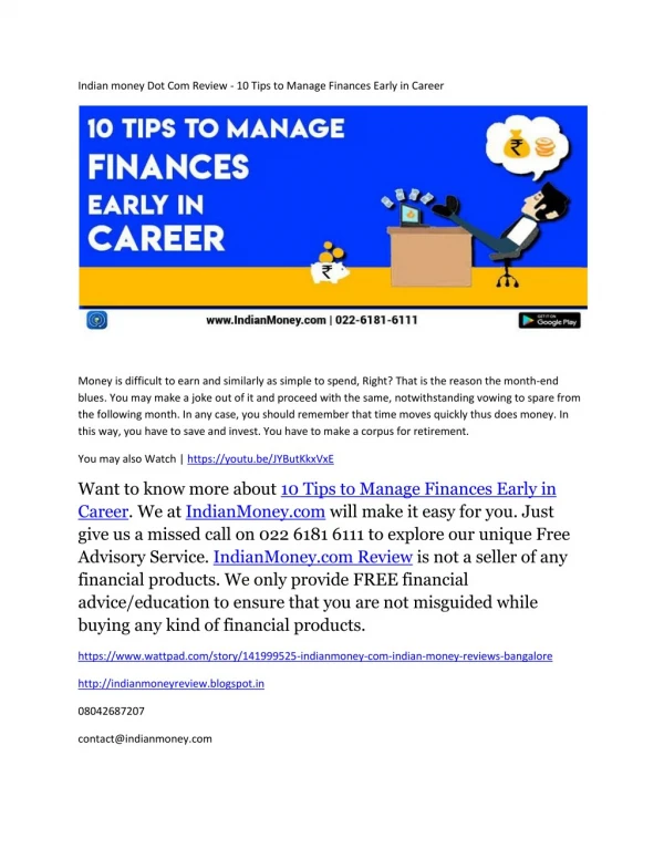 Indian money Dot Com Review - 10 Tips to Manage Finances Early in Career