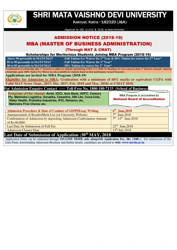 SMVDU MBA College has Started MBA Admission