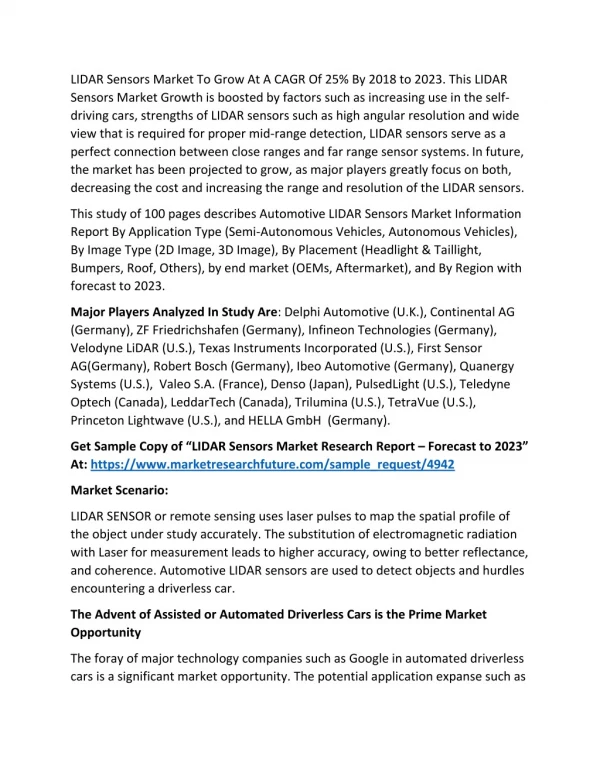 LIDAR Sensors Global Market 2018 Size, Share, Trends, And Industry Analysis To 2023