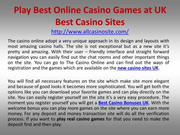 Play Best Online Casino Games at UK Best Casino Sites