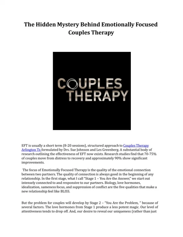 The Hidden Mystery Behind Emotionally Focused Couples Therapy