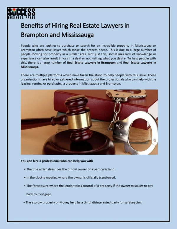 Benefits of Hiring Real Estate Lawyers in Brampton and Mississauga