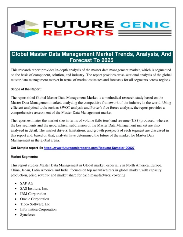 Global Master Data Management Market Research Forecast 2018 to 2023: New Opportunities, Companies Analysis, Scope, and A