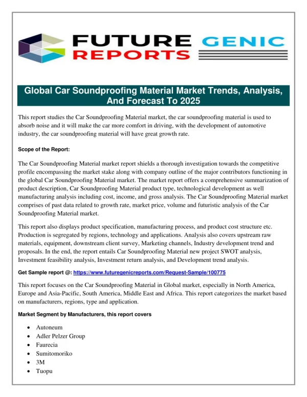 Global Car Soundproofing Material Market to Exhibit Impressive Growth of CAGR during the period 2018-2023