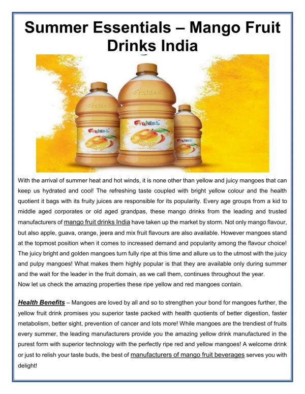 Summer Essentials – Mango Fruit Drinks India