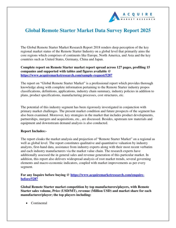 Remote Starter Industry: Global Market Size, Growth, Trends and 2025 Forecasts Report