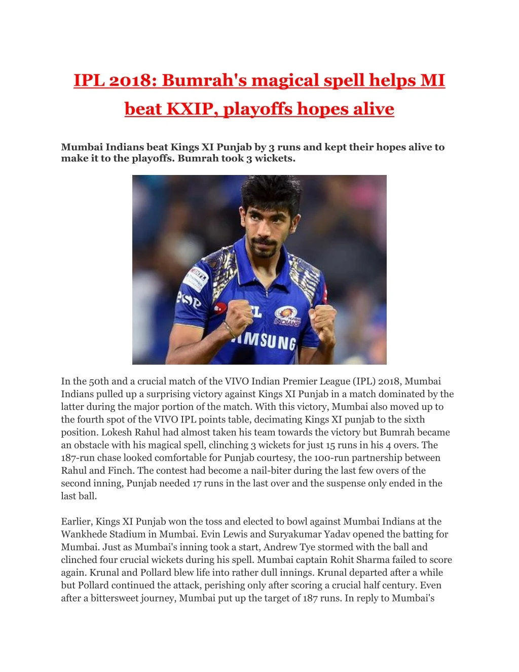 ipl 2018 bumrah s magical spell helps mi