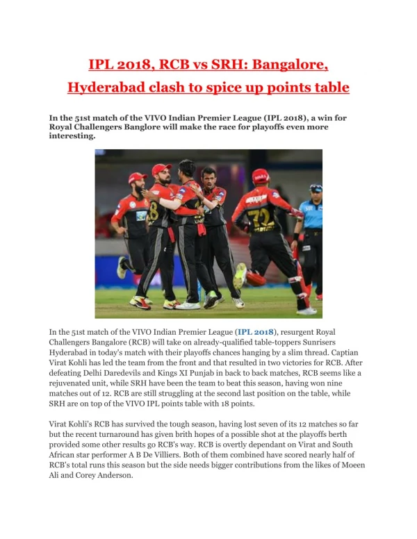 IPL 2018, RCB vs SRH: Bangalore, Hyderabad clash to spice up points table