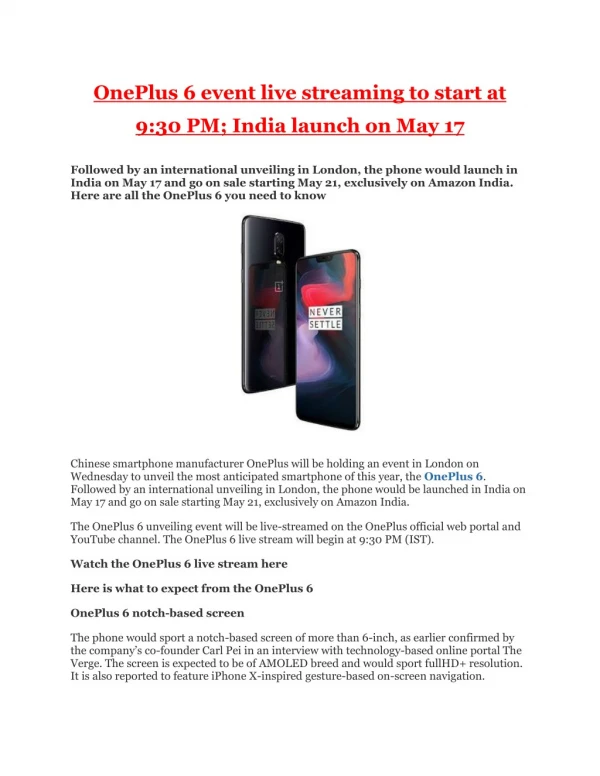 OnePlus 6 unveiled, price starts at $529; India launch today: Details here