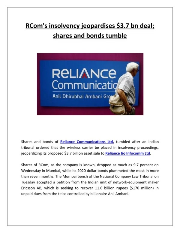 RCom's insolvency jeopardises $3.7 bn deal; shares and bonds tumble | Business Standard News