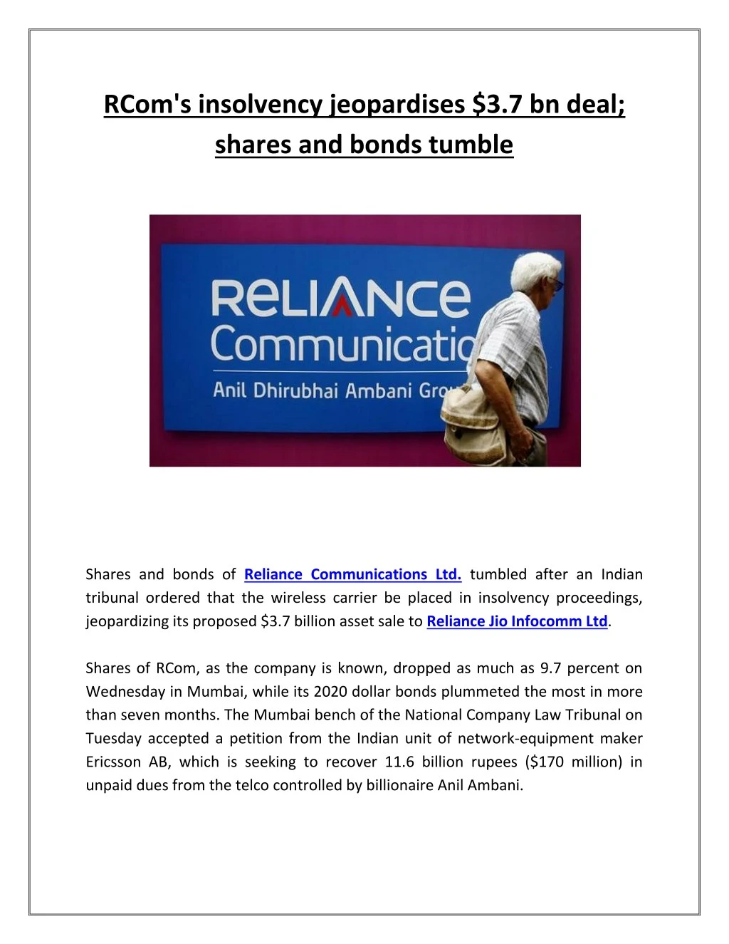 rcom s insolvency jeopardises 3 7 bn deal shares
