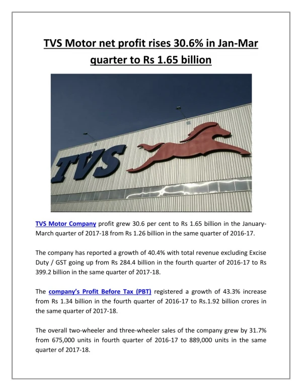 Tvs motor net profit rises 30 6% in jan mar quarter to rs 1 65 billion