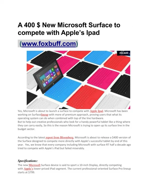 A 400 $ New Microsoft Surface to compete with Appleâ€™s Ipad