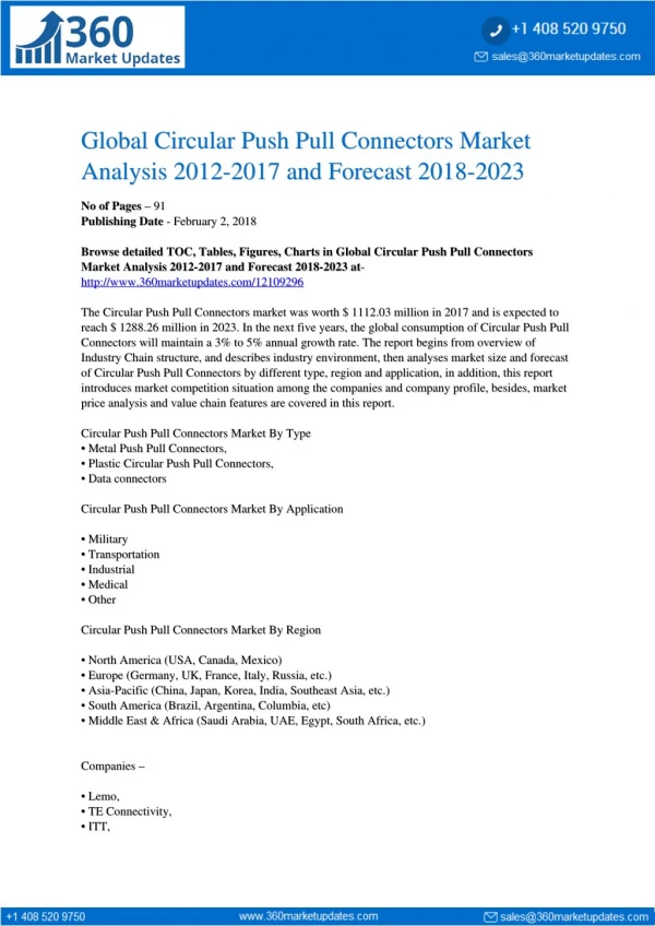 Global Circular Push Pull Connectors Market Research Analysis including Growth Factors, Types and Application to 2023