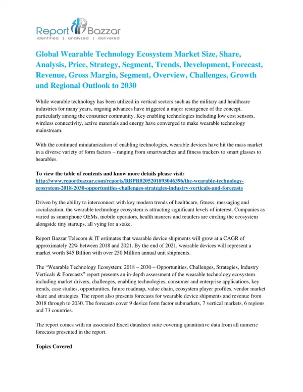 Global Wearable Technology Ecosystem Market 2018: Size, Share, Analysis, Regional Outlook and Forecast-2030: Report Baz