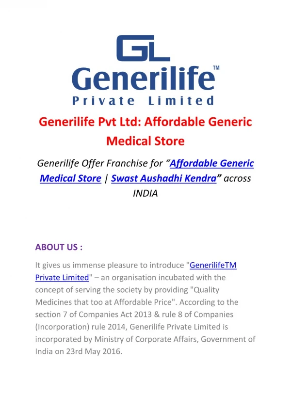 Generilife Pvt Ltd: Affordable Generic Medical Store