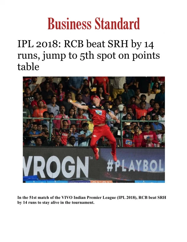 IPL 2018: RCB beat SRH by 14 runs, jump to 5th spot on points table