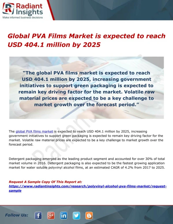 Global PVA Films Market is expected to reach USD 404.1 million by 2025