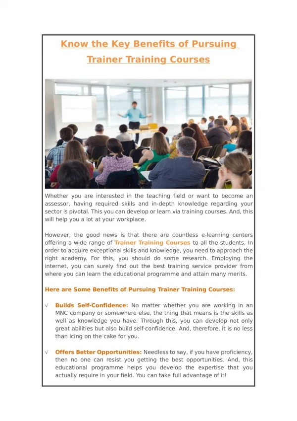 Know the Key Benefits of Pursuing Trainer Training Courses