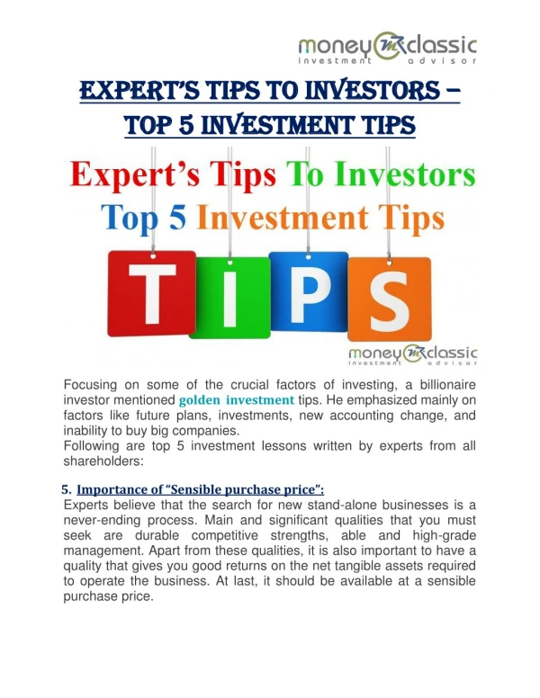 Expertâ€™s Tips To Investors â€“ Top 5 Investment Tips