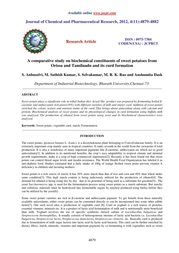 A comparative study on biochemical constituents of sweet potatoes from Orissa and Tamilnadu and its curd formation