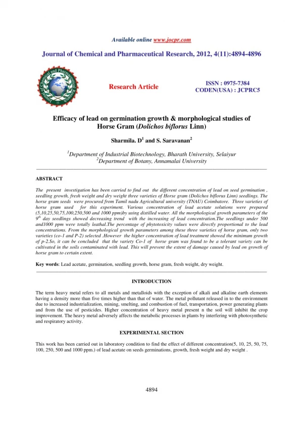 Efficacy of lead on germination growth & morphological studies of Horse Gram (Dolichos biflorus Linn)