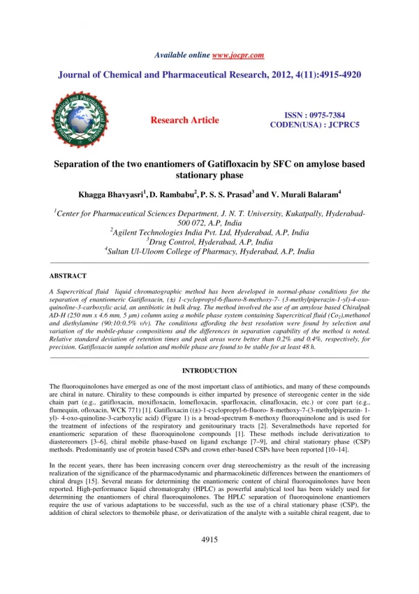 Separation of the two enantiomers of Gatifloxacin by SFC on amylose based stationary phase