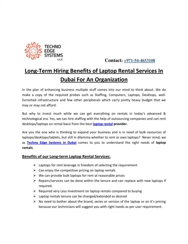 Long-Term Hiring Benefits of Laptop Rental Services In Dubai For An Organization