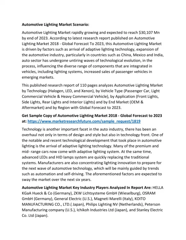 Global Automotive Lighting Market: 2018 Industry Outlook Report