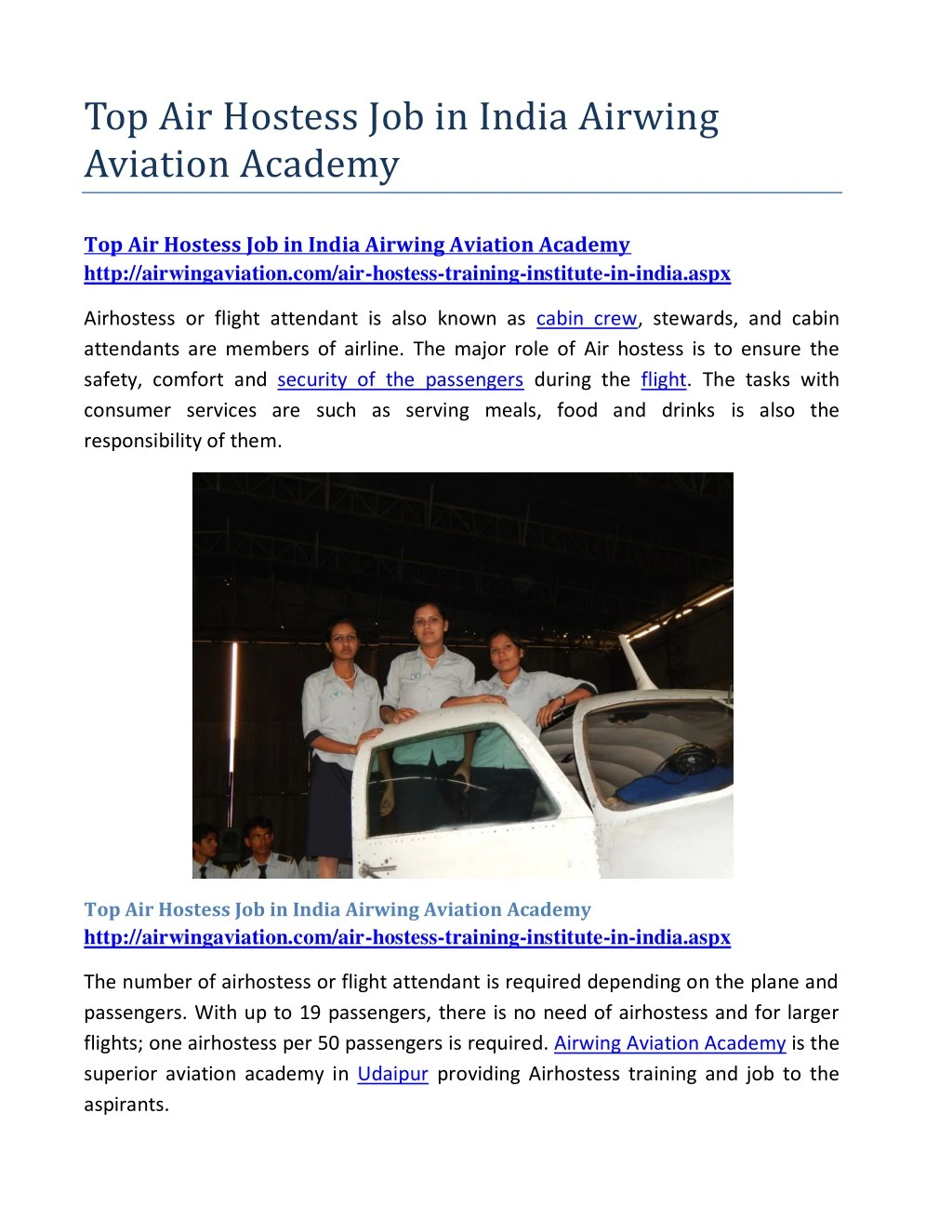top air hostess job in india airwing aviation