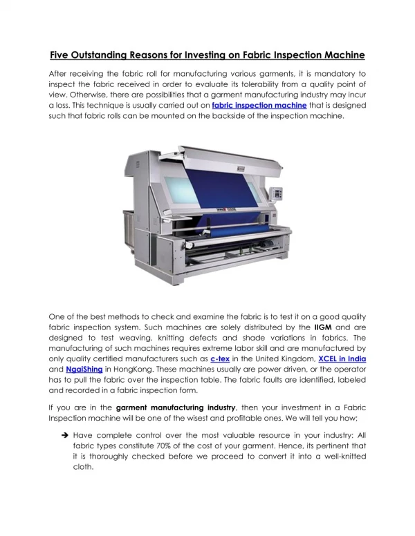 Fabric Inspection Machine for Garment Defects Classification