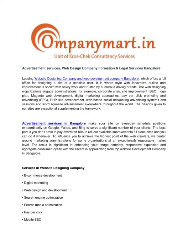 Advertisement services, Web Design Company Formation & Legal Services Bangalore