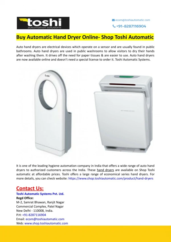 Buy Automatic Hand Dryer Online- Shop Toshi Automatic
