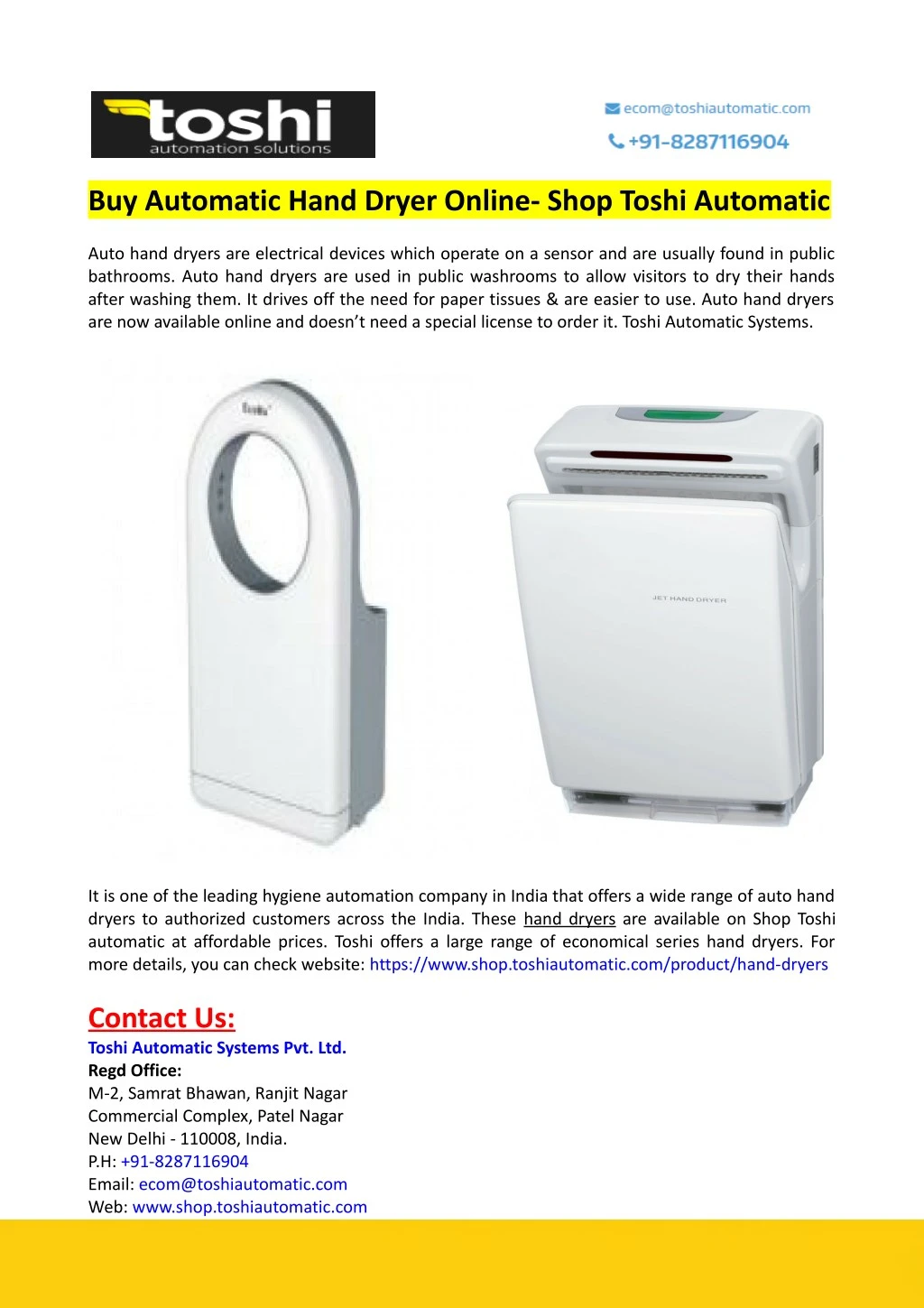 buy automatic hand dryer online shop toshi
