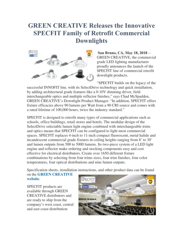 GREEN CREATIVE Releases the Innovative SPECFIT Family of Retrofit Commercial Downlights