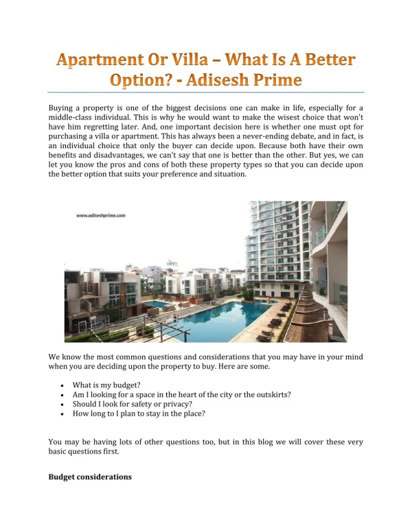 Apartment Or Villa – What Is A Better Option? - Adisesh Prime