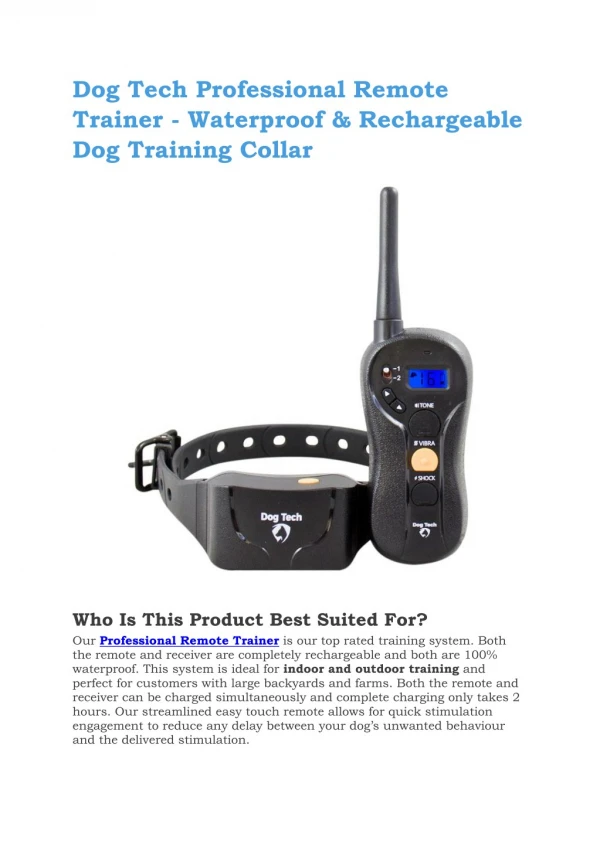 Dog Tech Professional Remote Trainer - Waterproof & Rechargeable Dog Training Collar