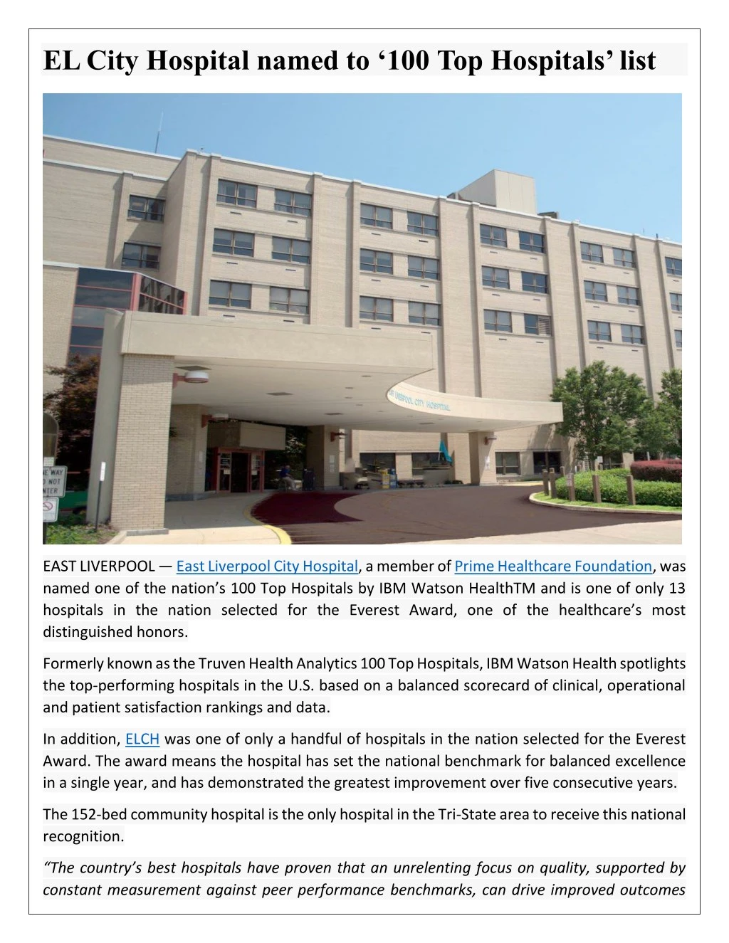 el city hospital named to 100 top hospitals list