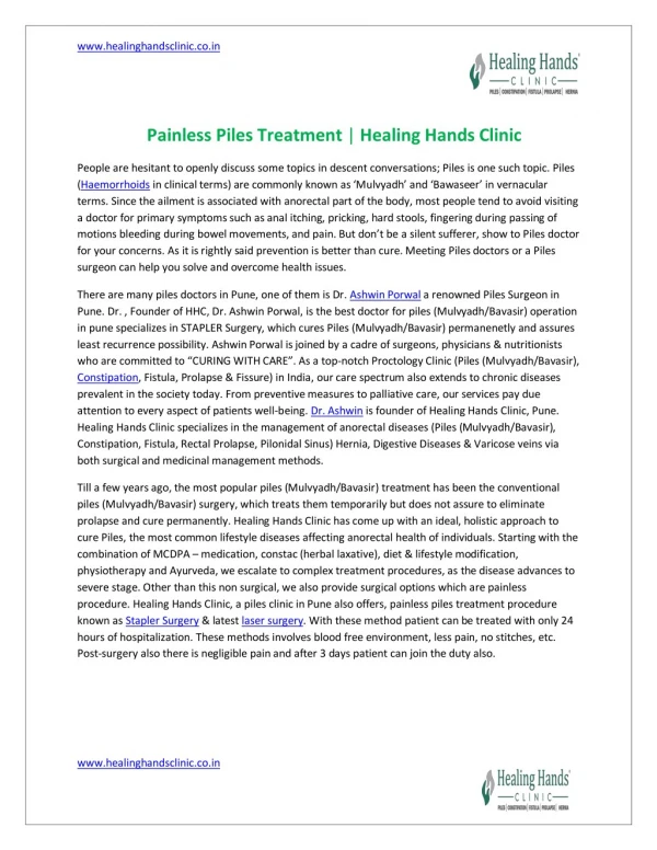 Painless Piles treatment |Healing Hands Clinic